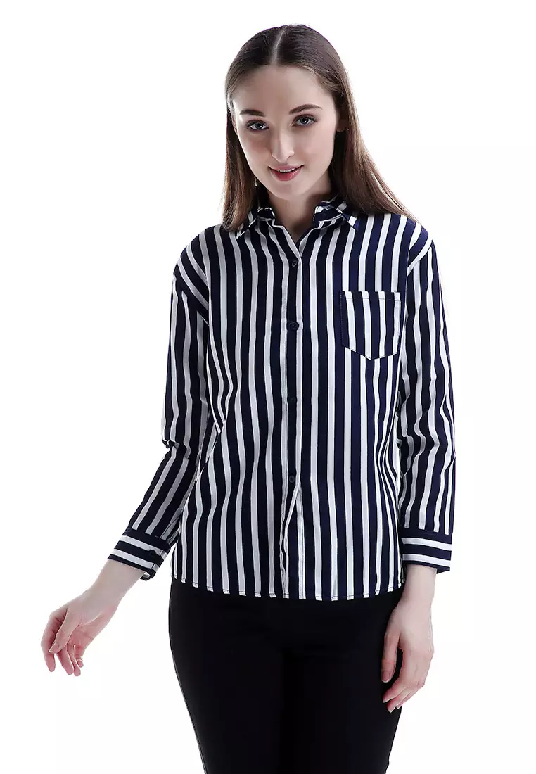 Carmel Long Shirt Motif Pattern Dual Tone Color Woman Design Chic - Navy