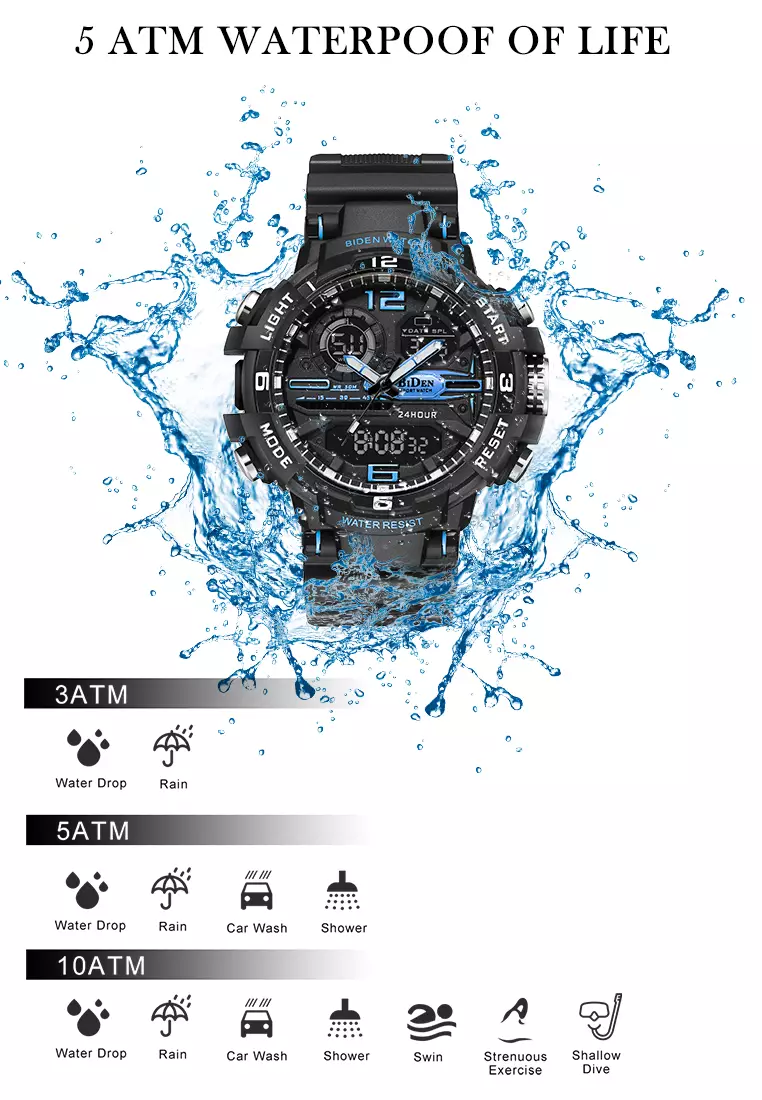 Jam Tangan Pria Digital&Analog Olahraga Pria Tahan Air Luminous Jam Tali Silikon Biru