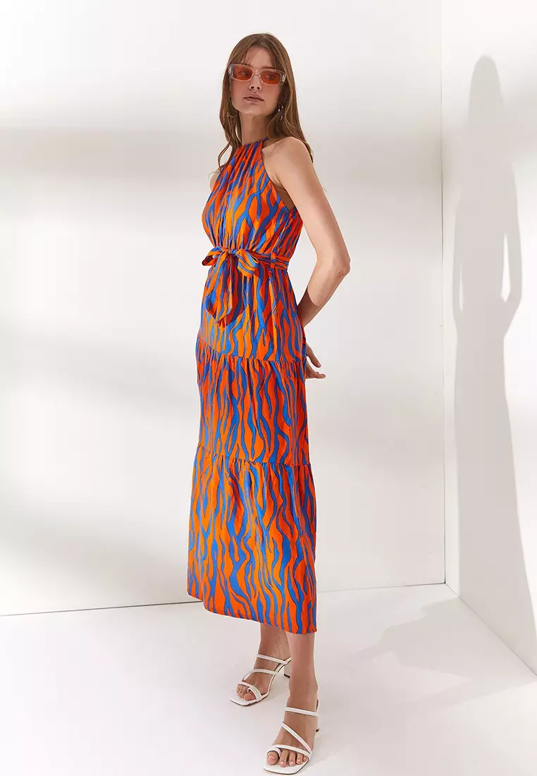 Halter Neck Belted Woven Viscose Dress