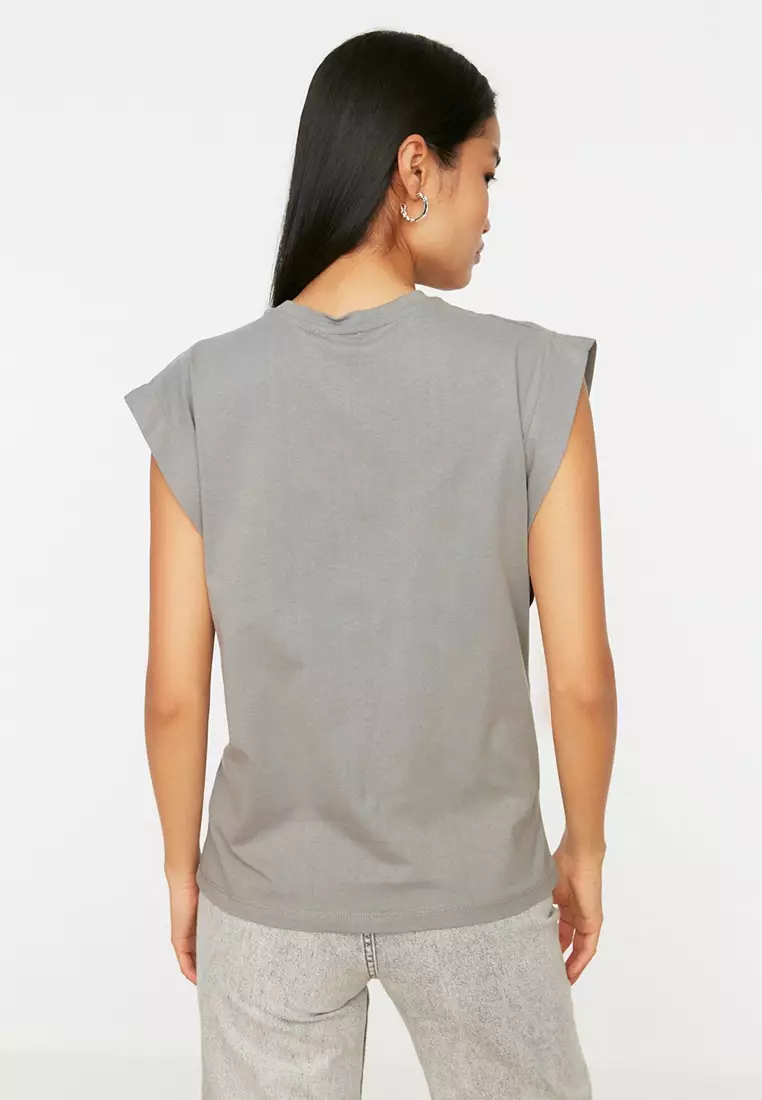 Gray 100% Cotton Wadding Look Basic Crew Neck Knitted T-Shirt TWOSS20TS0021