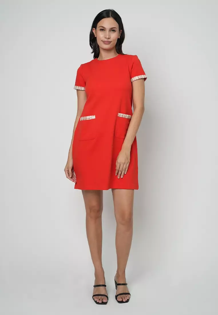 Telly Shift Dress with Contrast Print Pocket Lip and Sleeve