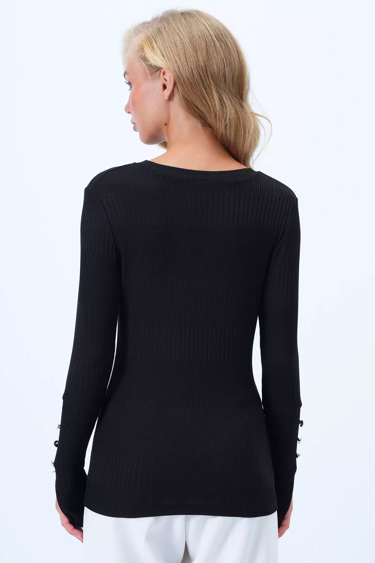 Women's Black Crew Neck Self-Patterned Button Detailed Basic Mercerized Blouse Alc-X14417