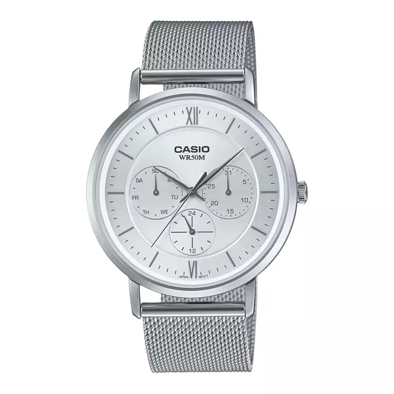 Jam Tangan Pria Casio General MTP-B300M-7AVDF Dress Men Silver Dial Mesh Strap