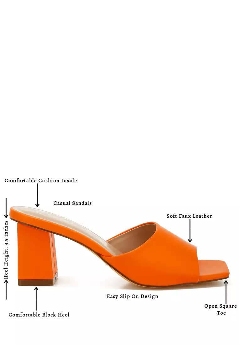 Faux Leather Block Heel Sandals in Orange