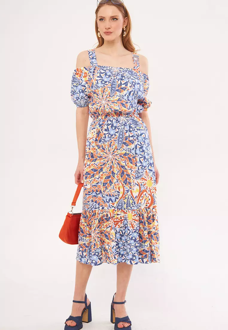 Cold Shoulder Pattern Midi Dress