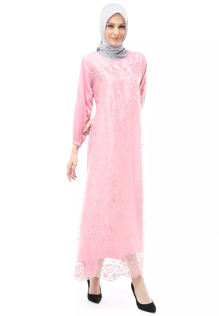 Monita Gamis Brokat Tile Wanita Muslimah Regular Fit - DustyPink