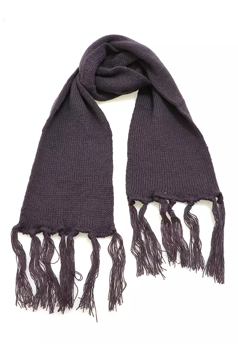 Syal Wanita Motif Polos Aksen Rumbai Shawl Rajut Lembut Fashion Women - Abu Tua