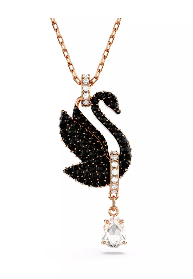 Swarovski Swan pendant, Swan, Black, Rose gold-tone plated