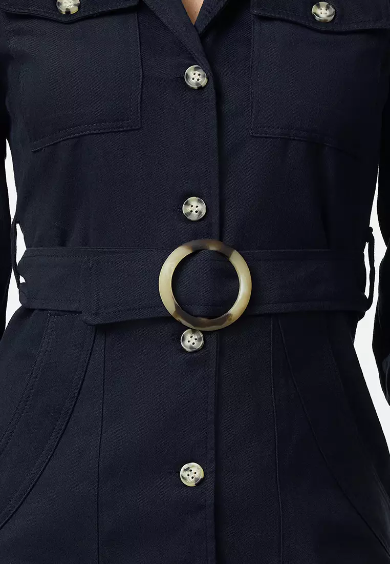 Navy Blue Straight Belted Jacket Mini Button Detailed Woven Dress TWOAW20EL1156