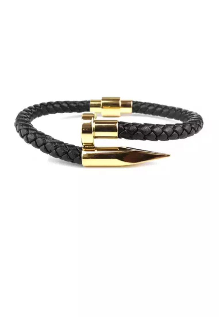 Accessories Pria Stainless Nail Design Center Leather Bracelet Gelang Pria Black & Gold