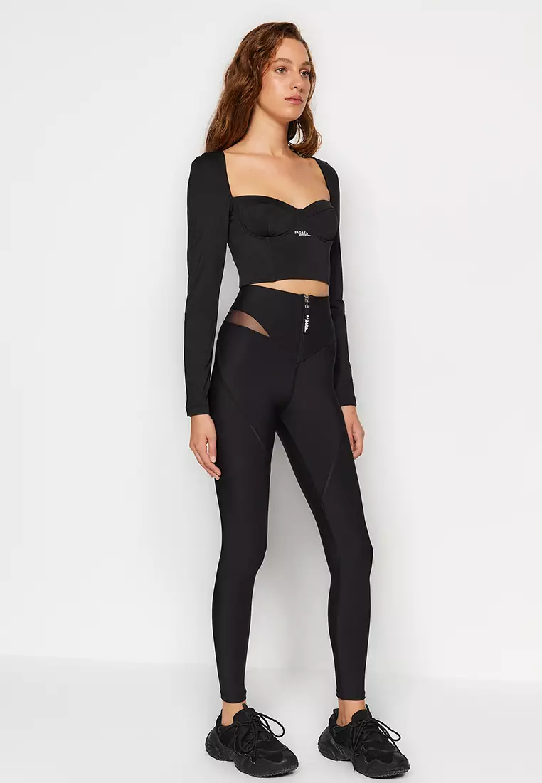 X Sagaza Studio Black Gathering Tulle Detail Full Length Sports Leggings TCLAW24TY00000