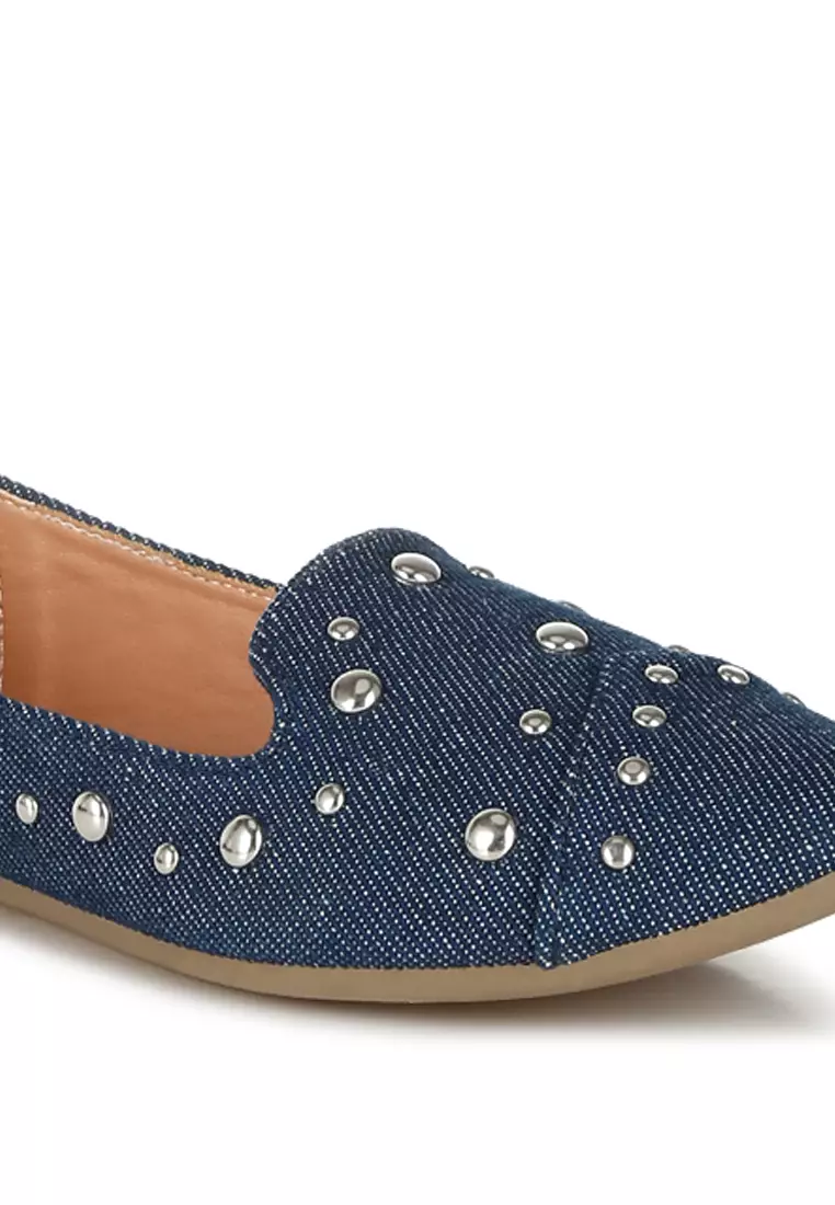 Stud Embellished Ballet Flats in Denim