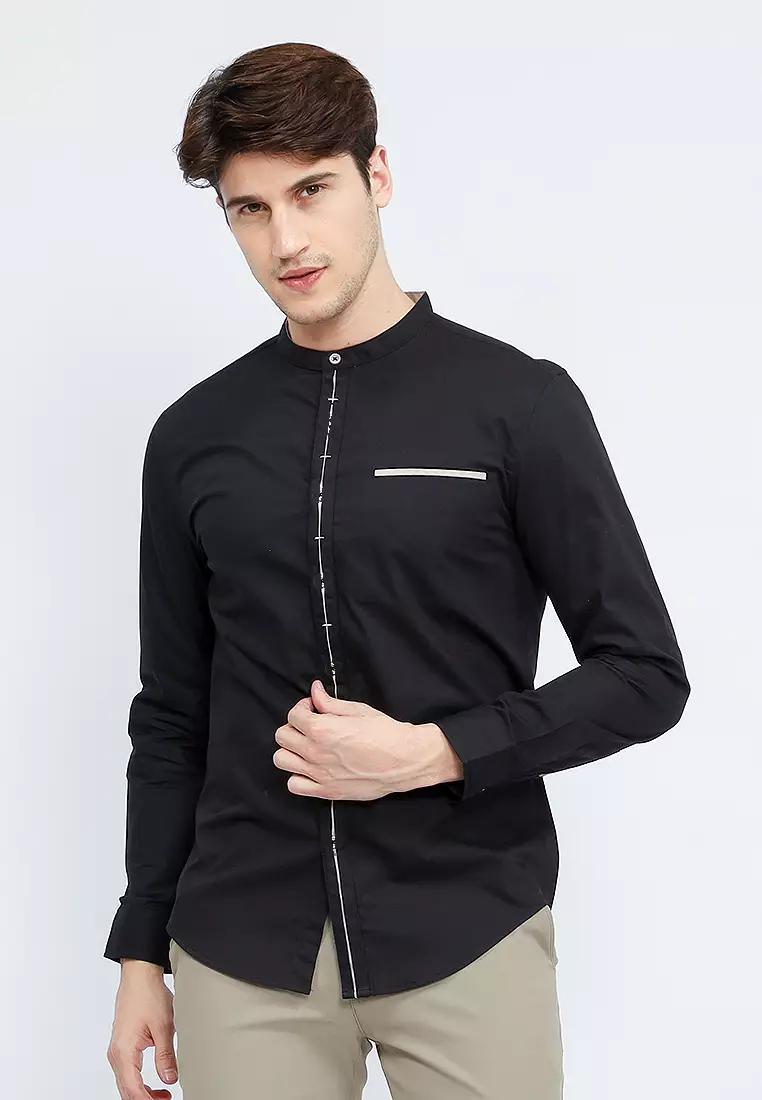 OXCON Kemeja Collarless long sleeve Dual Style Button Black