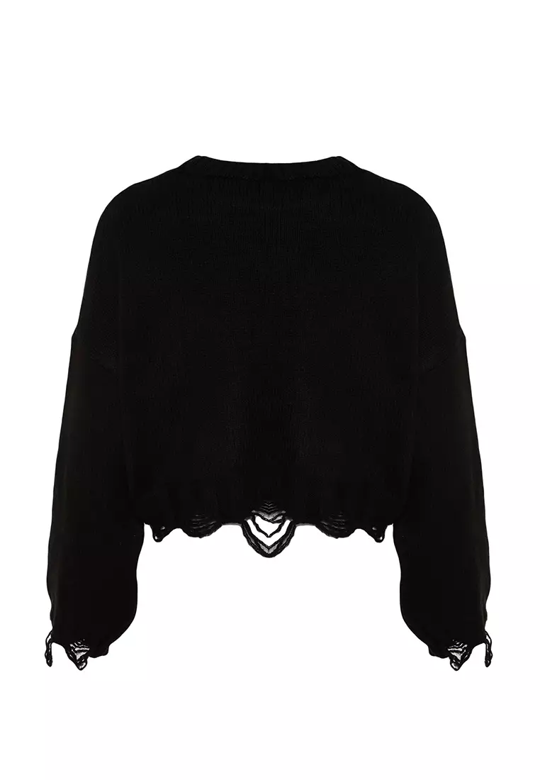 Black Crop Wide Pattern Soft Textured Flowing Detailed Knitwear Sweater Twoaw24Kz00319