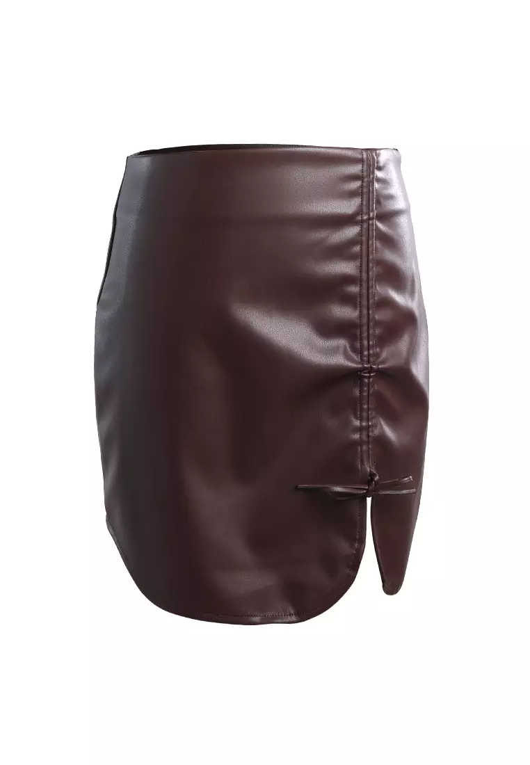 Rok Mini Kulit Imitasi Wanita Cokelat