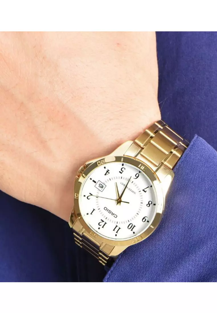 Men Analog Watch MTP-V004G-7B Gold Stainless Steel Strap
