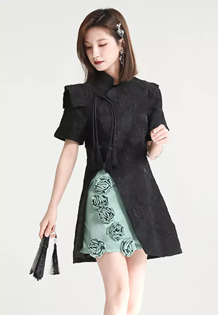 2025 S/S Vintage Premium Single breasted Blue Denim Pleated One-Piece Dress CA23032111