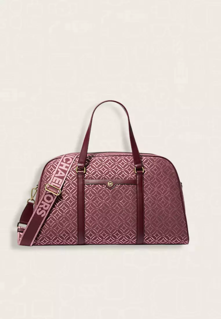 Michael Kors Jet Set Travel Extra-Large Metallic Logo Jacquard Weekender Bag Oxblood Multi