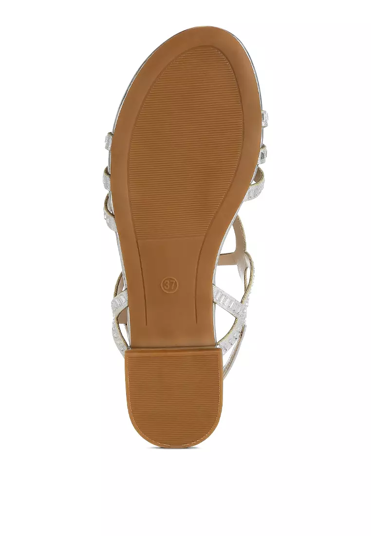 Cut Out Detail Rhinestone Flat Sandals in Silver