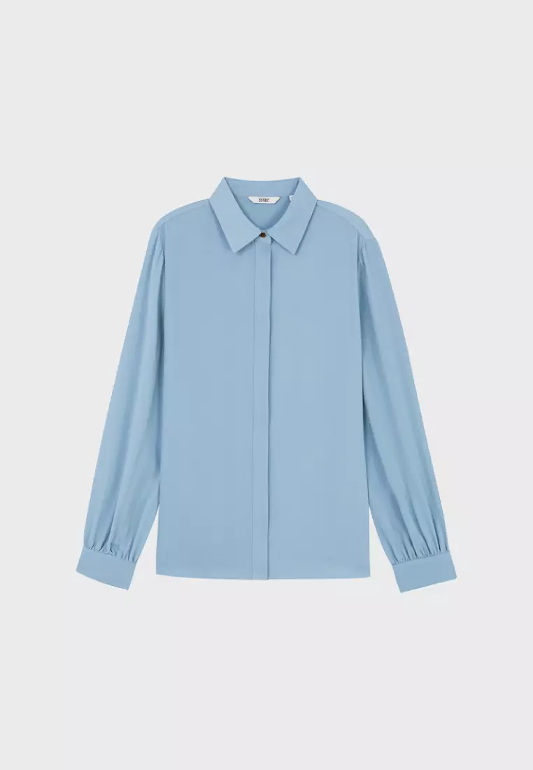 Sky Blue Pleated Cuffs Long Sleeve Top