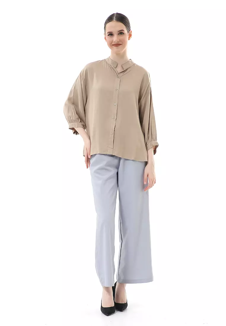 Ghita Kemeja Atasan Wanita Motif Polos Long Sleeve High Quality - Khaki