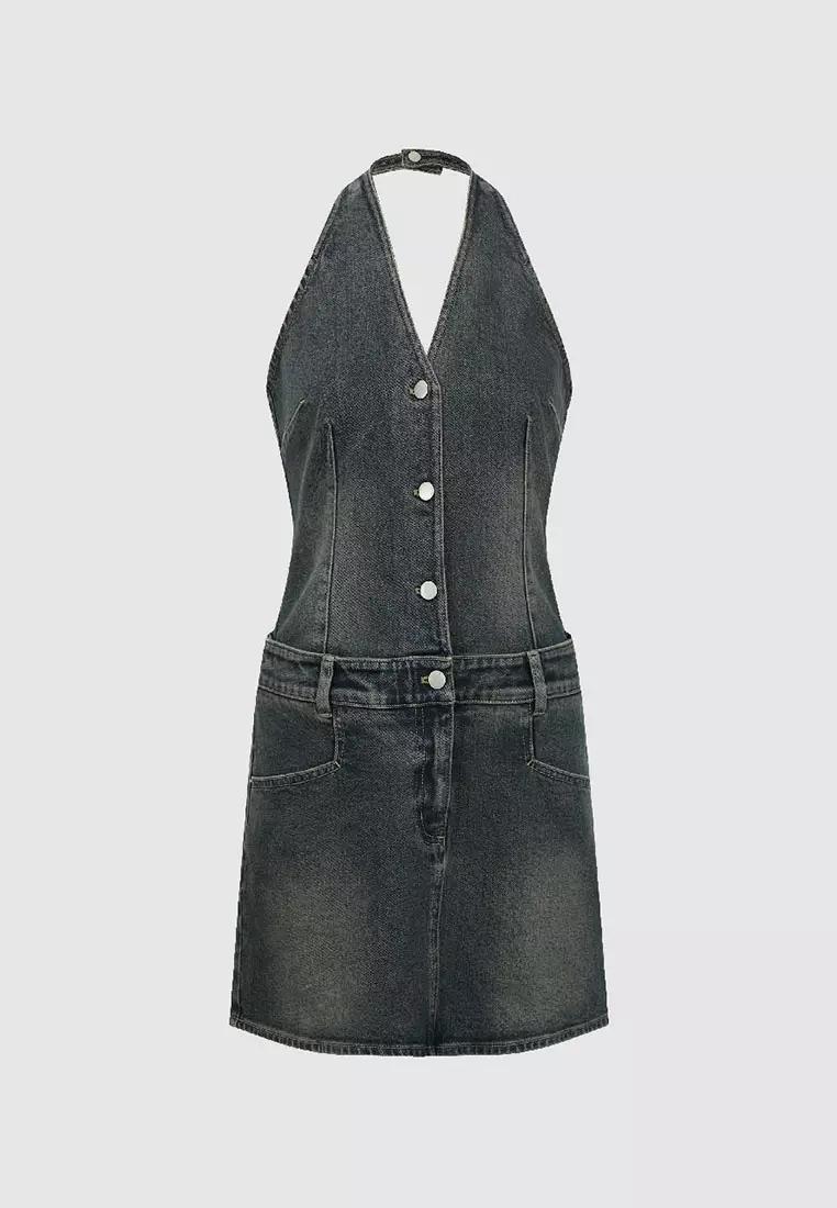 Sleeveless Halter Neck Denim Dress