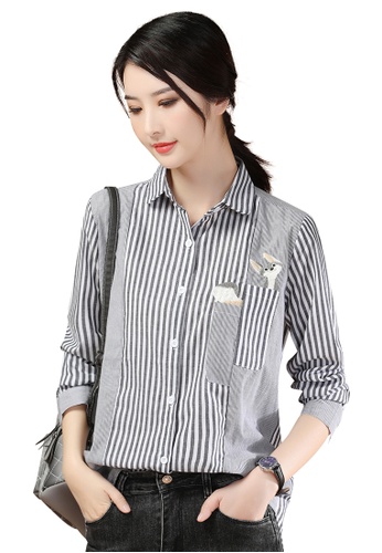 A-IN GIRLS black and white Fashion Striped Embroidered Blouse 24228AAC783FAAGS_1