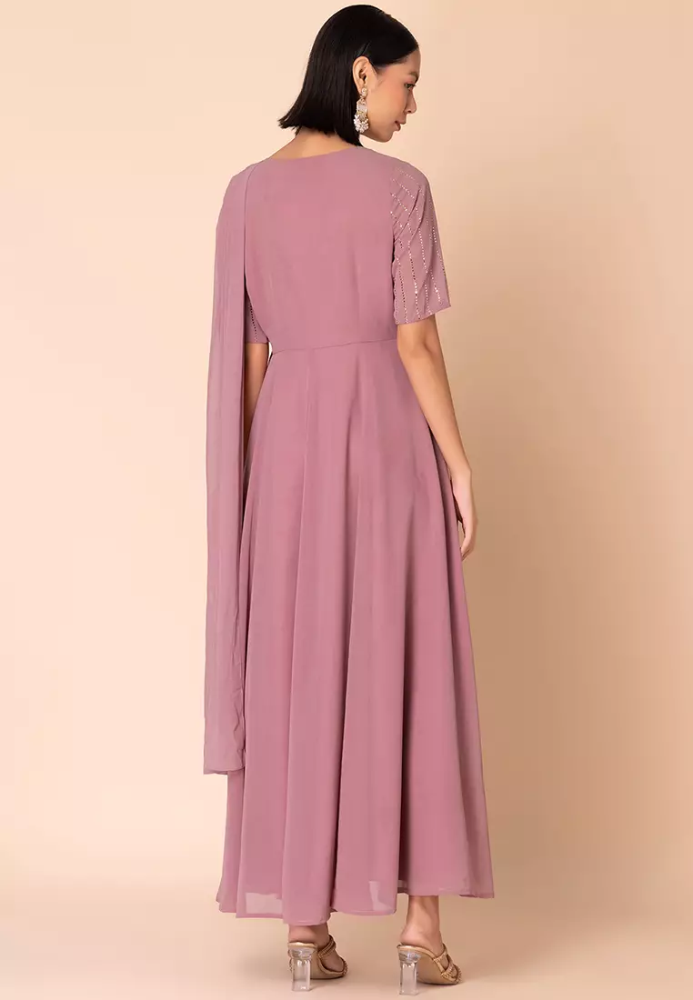 Light Pink Striped Foil Print Angrakha Kurta With Attached Dupatta