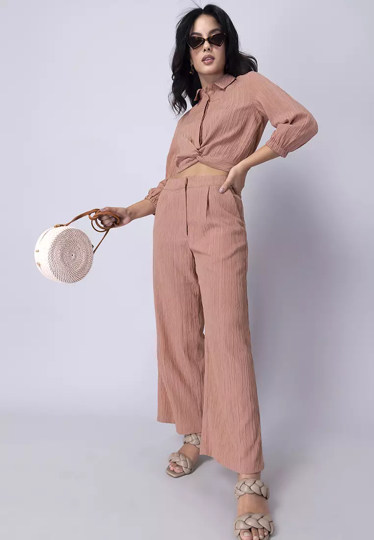 Peach Front Knot Shirt and Pant Set