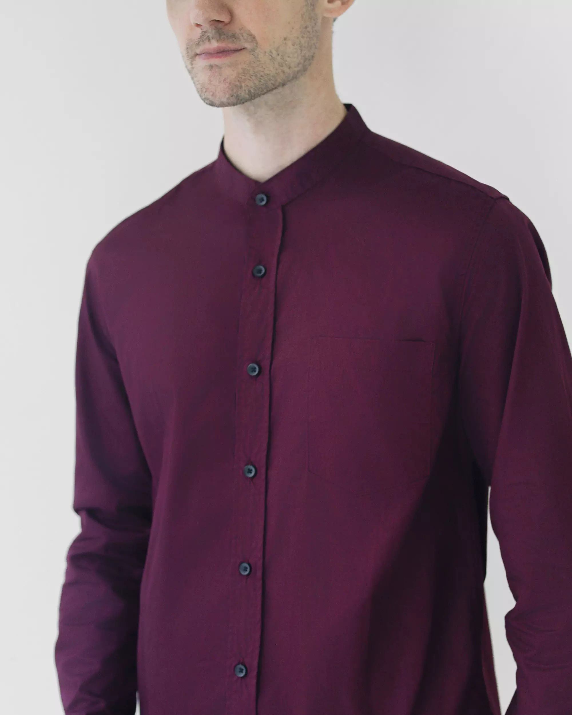 Cotton Well Badr Stand Collar Shirt Maroon | Kemeja Koko Lengan Panjang Merah Burgundy