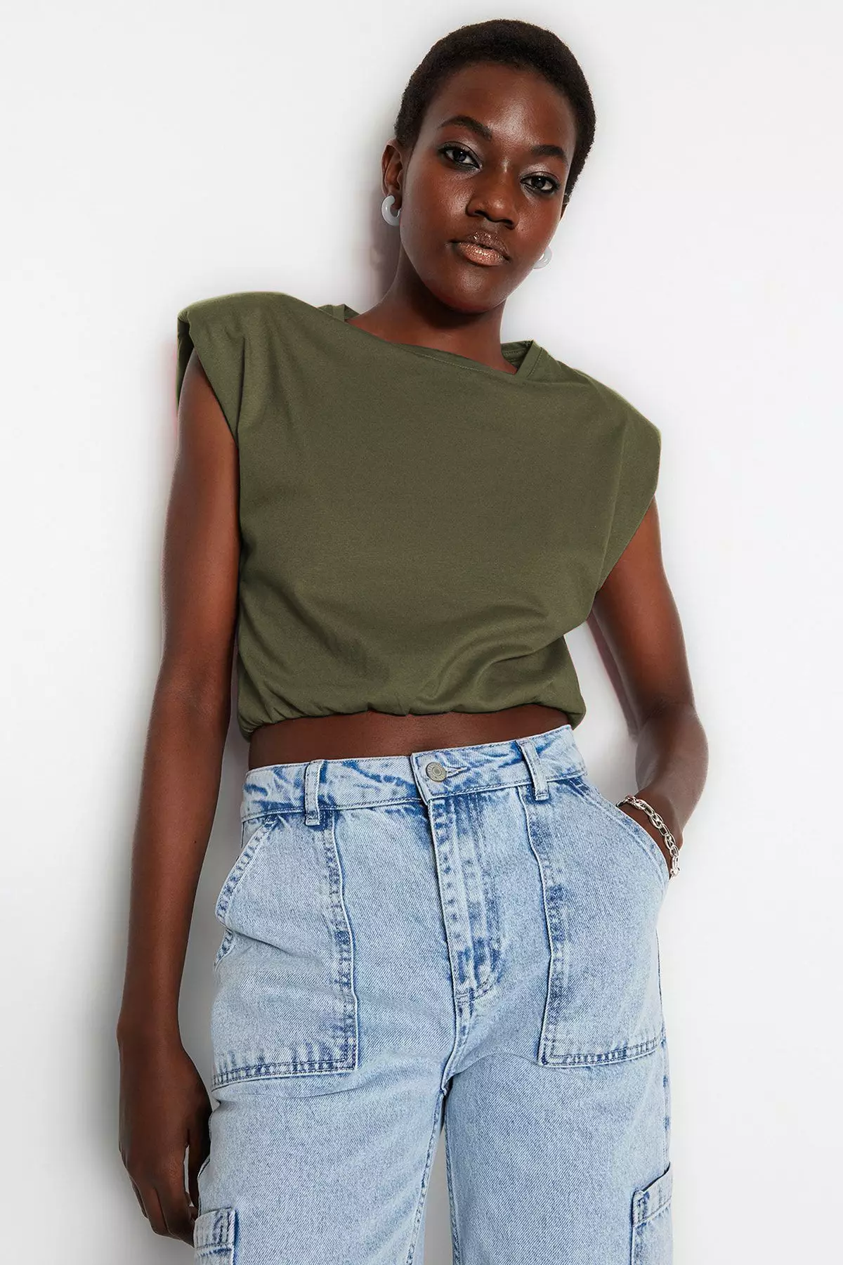 Khaki Padded Crop Crew Neck Knitted T-Shirt