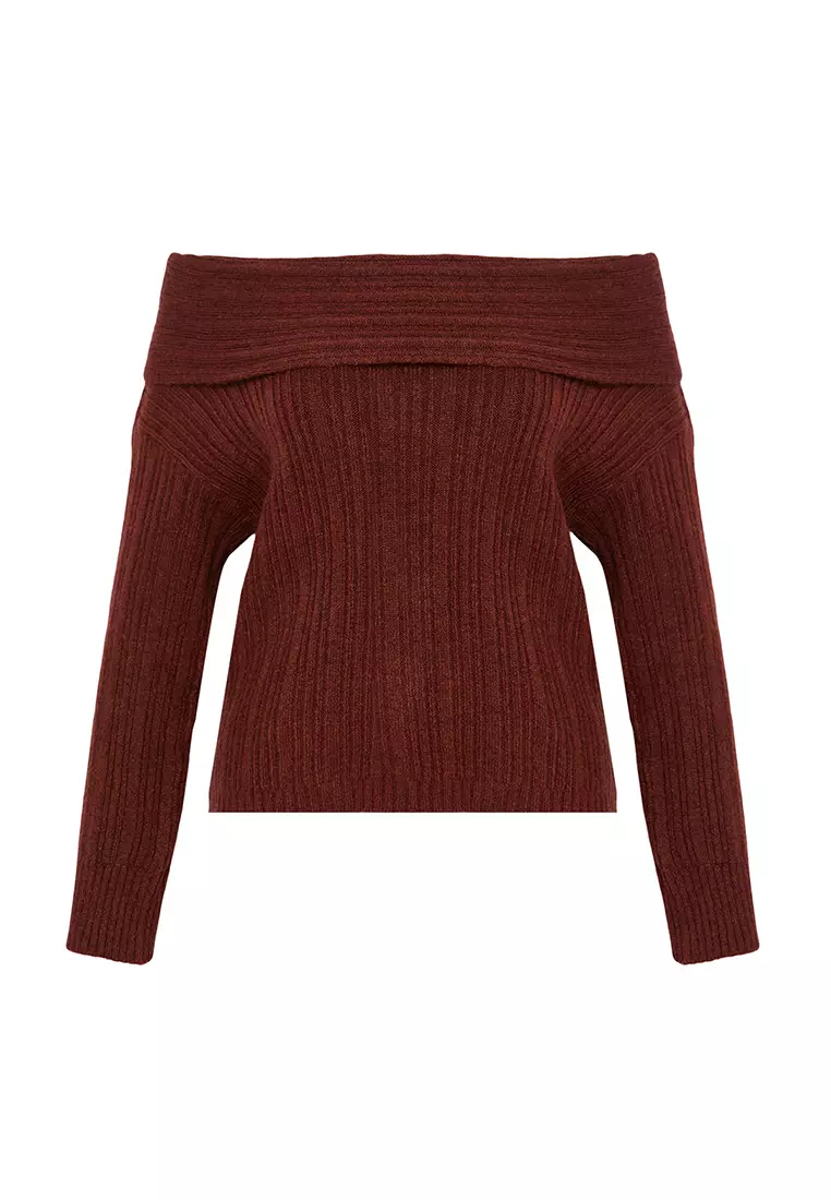 Brown Soft Textured Carmen Collar Knitwear Sweater TWOAW25KZ00076