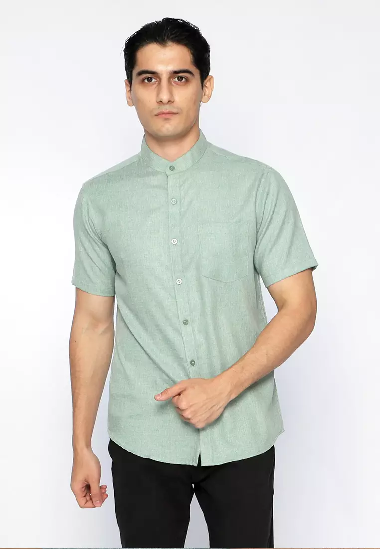 Simple Perfect Kemeja Pria Lengan Pendek Kerah Shanghai Solid Basic 2255 Sage