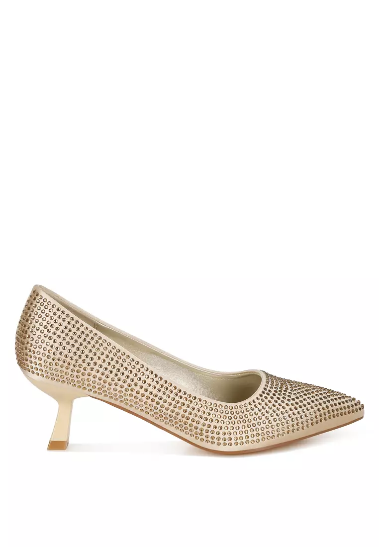 Discount on London Rag  shoes - SKU: Rhinestones Embellished Kitten Heel Pumps in Gold