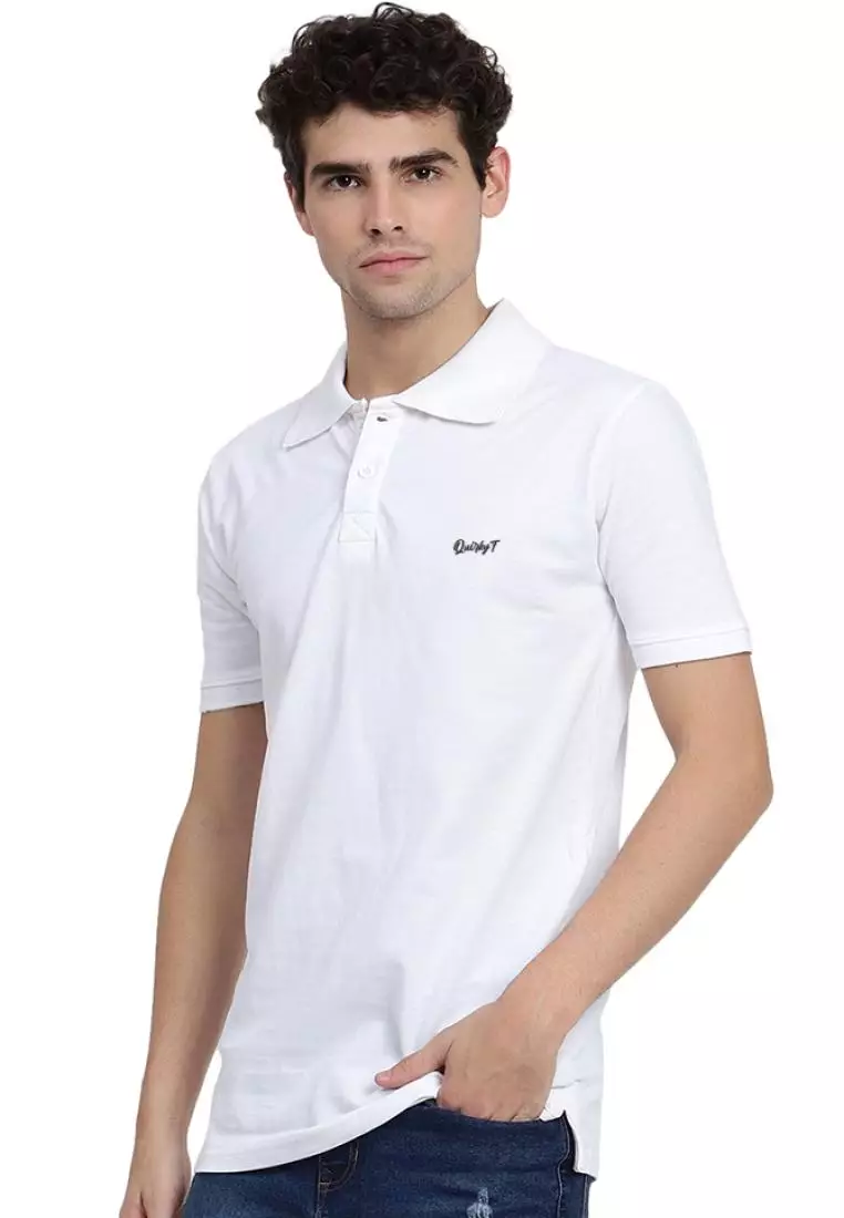 男式纯白色 QuirkyT Polo 领棉质短袖彩色 T 恤/T 恤