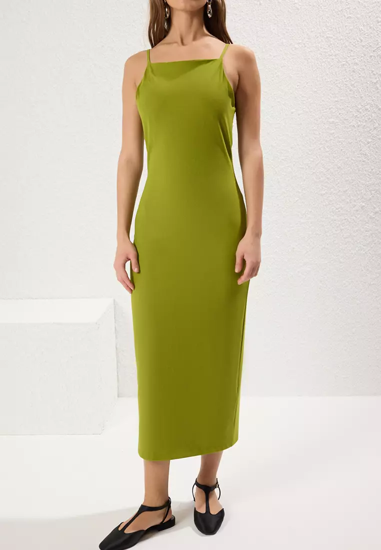 Oil Green Square Neck Bodycon Midi Knit Dress