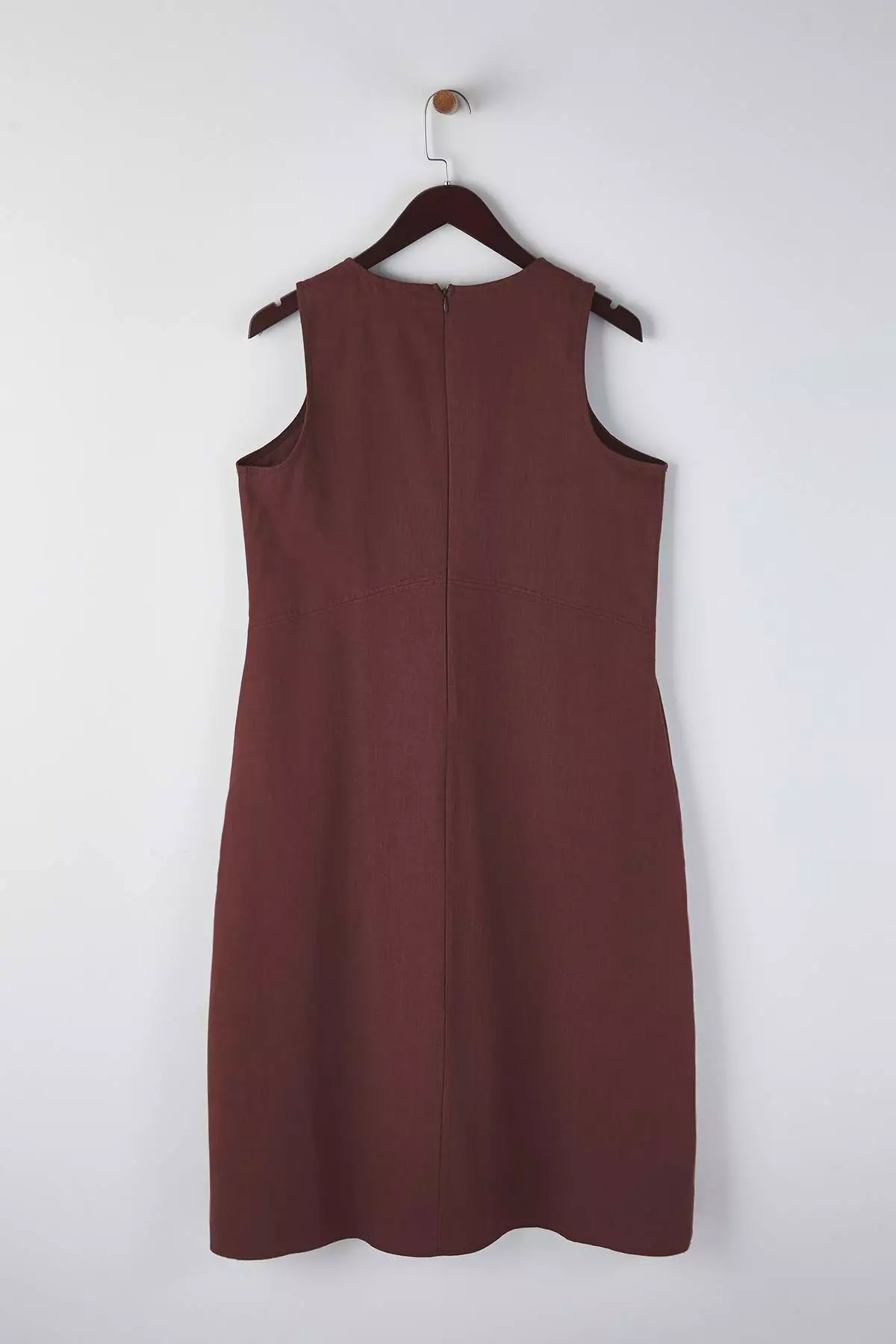 Brown Linen Blend Midi Woven Plus Size Dress