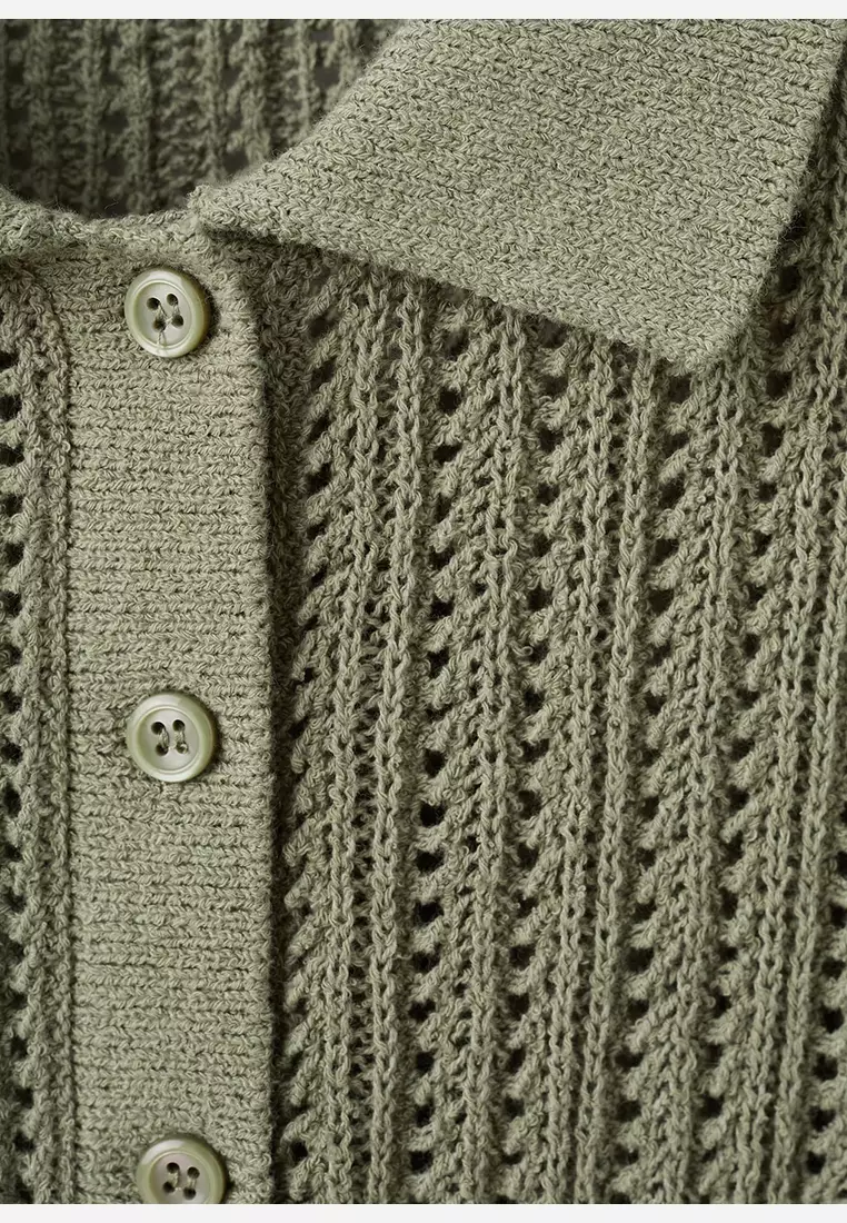 Openwork Knitted Polo-Neck Sweater