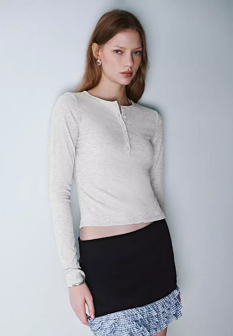 Plain Ribbed Slim-fit Long-sleeved T-shirt