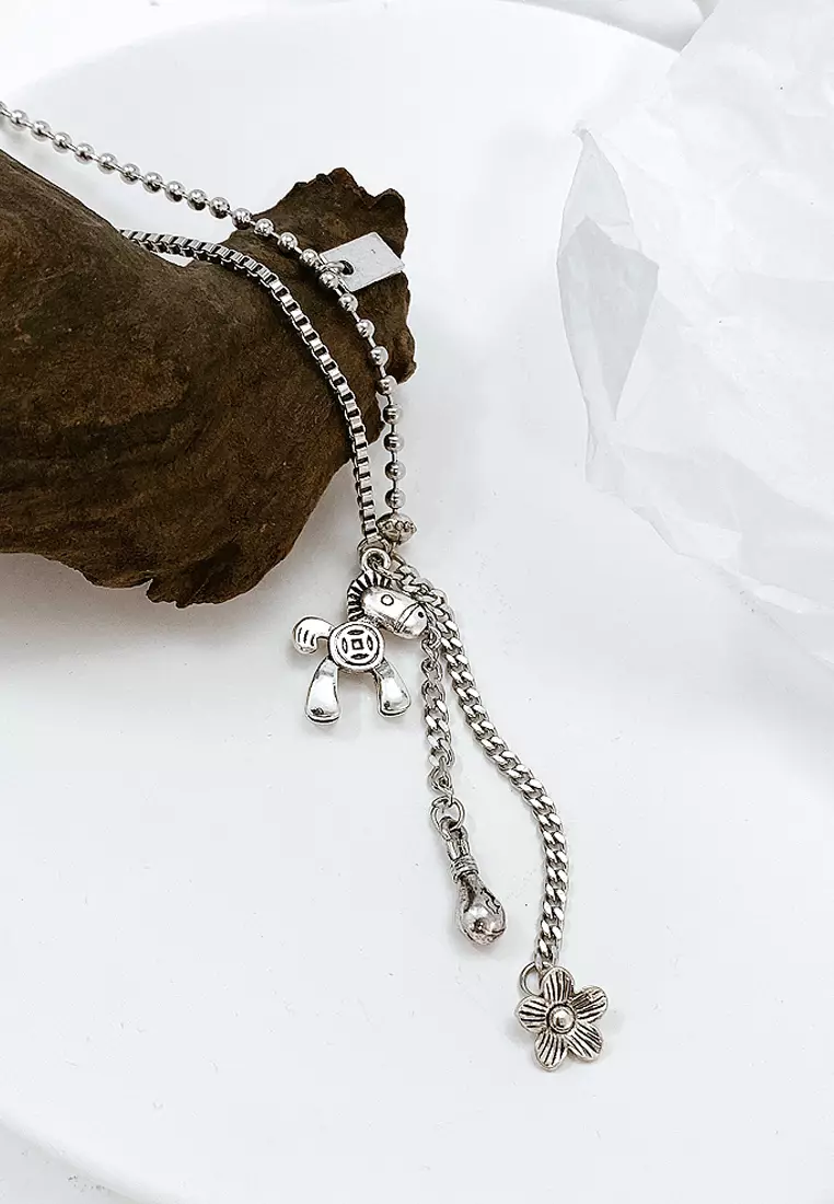 Petite Pony and Flower Long Chain Necklace in White Gold