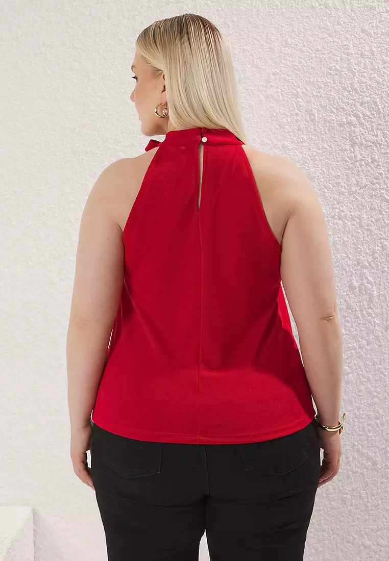 Red Halter Neck Knitting With Tie Detail Plus Size Blouse Tbbss25Af00007