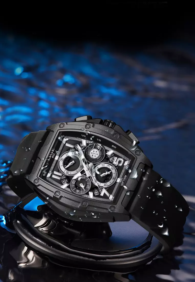 Unisex Tonneau Shaped IP Black Stainless Steel Quartz Watch on Rubber Strap