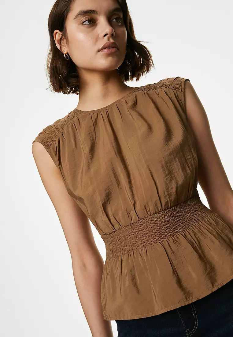 Crew Neck Smocked Shirred Detail Blouse