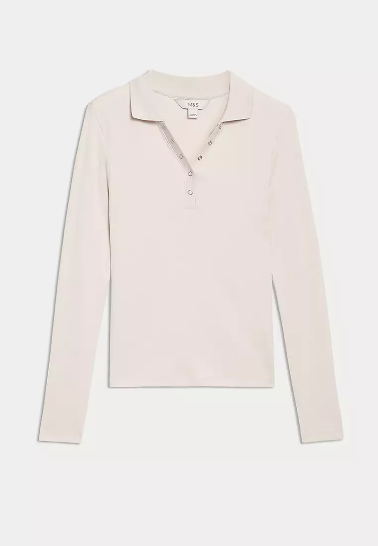 Cotton Rich Ribbed Collared Polo Top