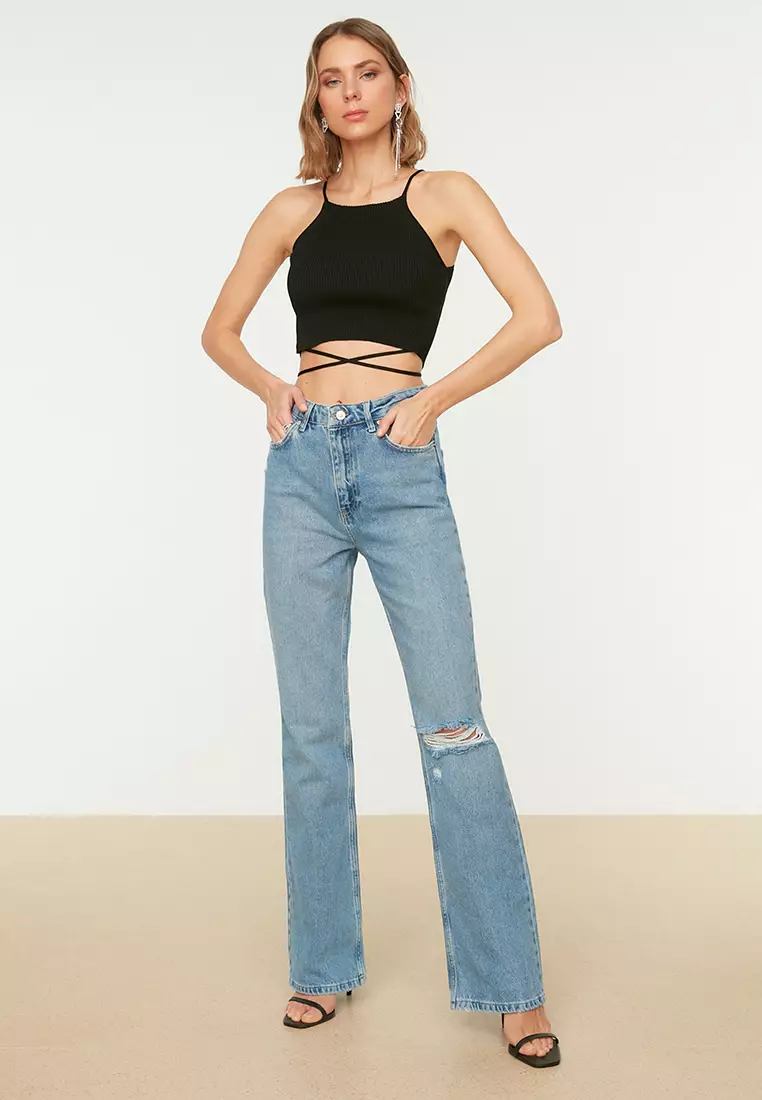 Buy Trendyol Waist Detail High Waist 90's Wide Leg Jeans in Blue