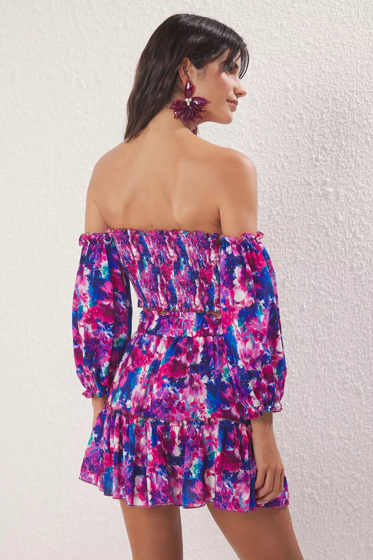 Flower Patterned Woven Frilly Beach Blouse Skirt Suit Tbess21Au0539