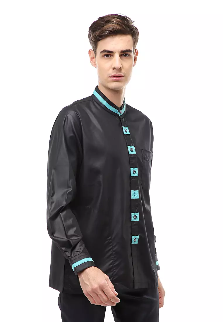 Dwan Atasan Formal Pria Kemeja Koko Staylish Button Long Sleeve Material Cotton ORIGINAL - Black