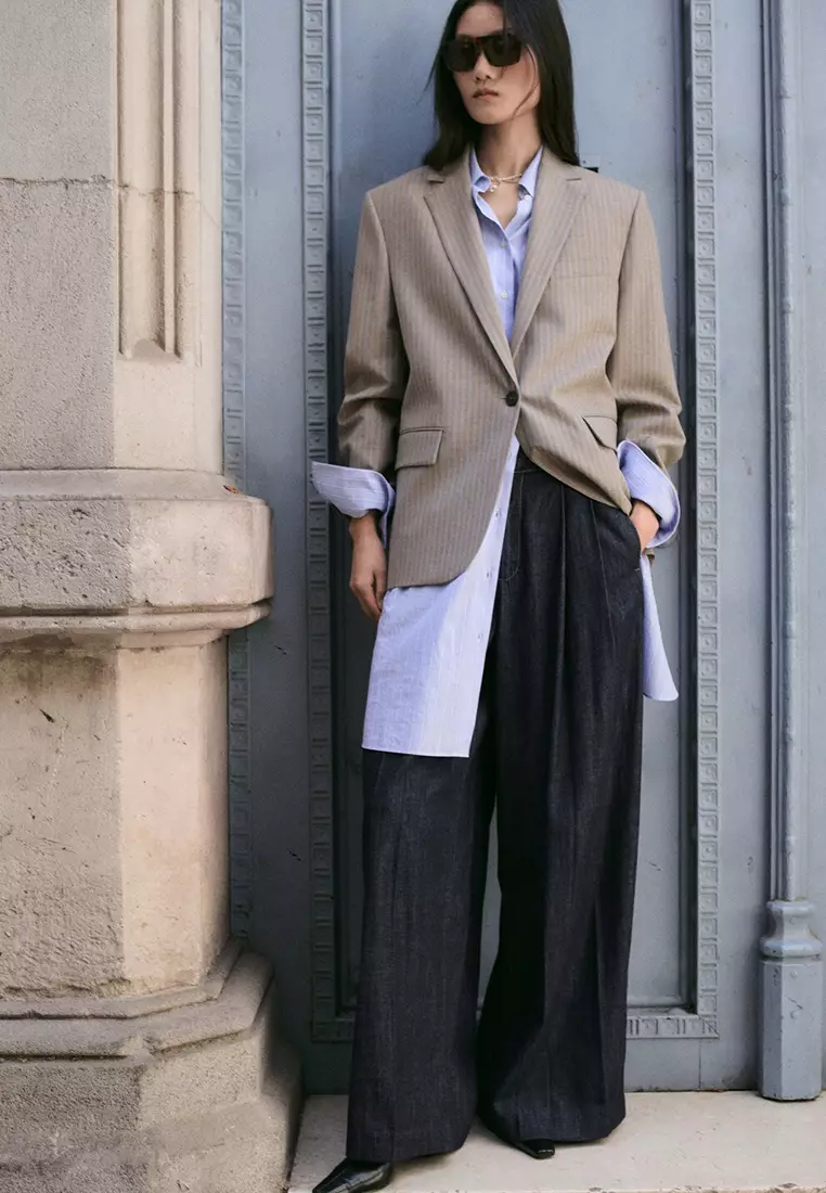 Wide Leg Denim Trousers With Belt Loops