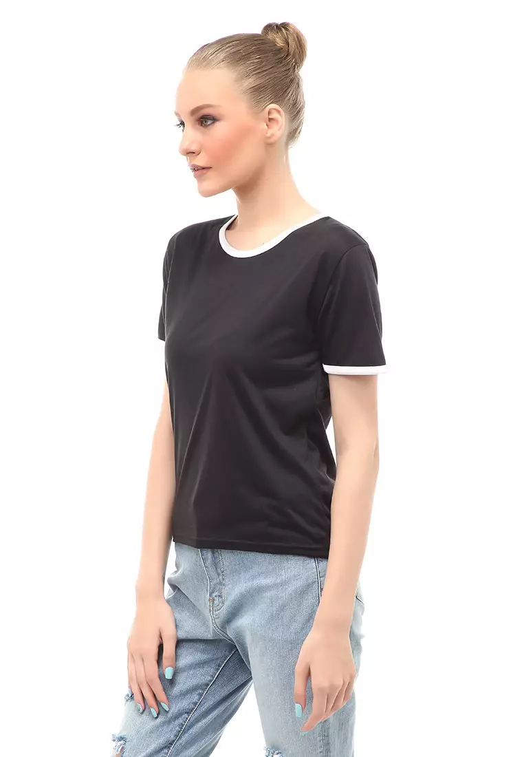 Kaos Oversize List Short Sleeves Design Simple Relaxed Fit - Hitam