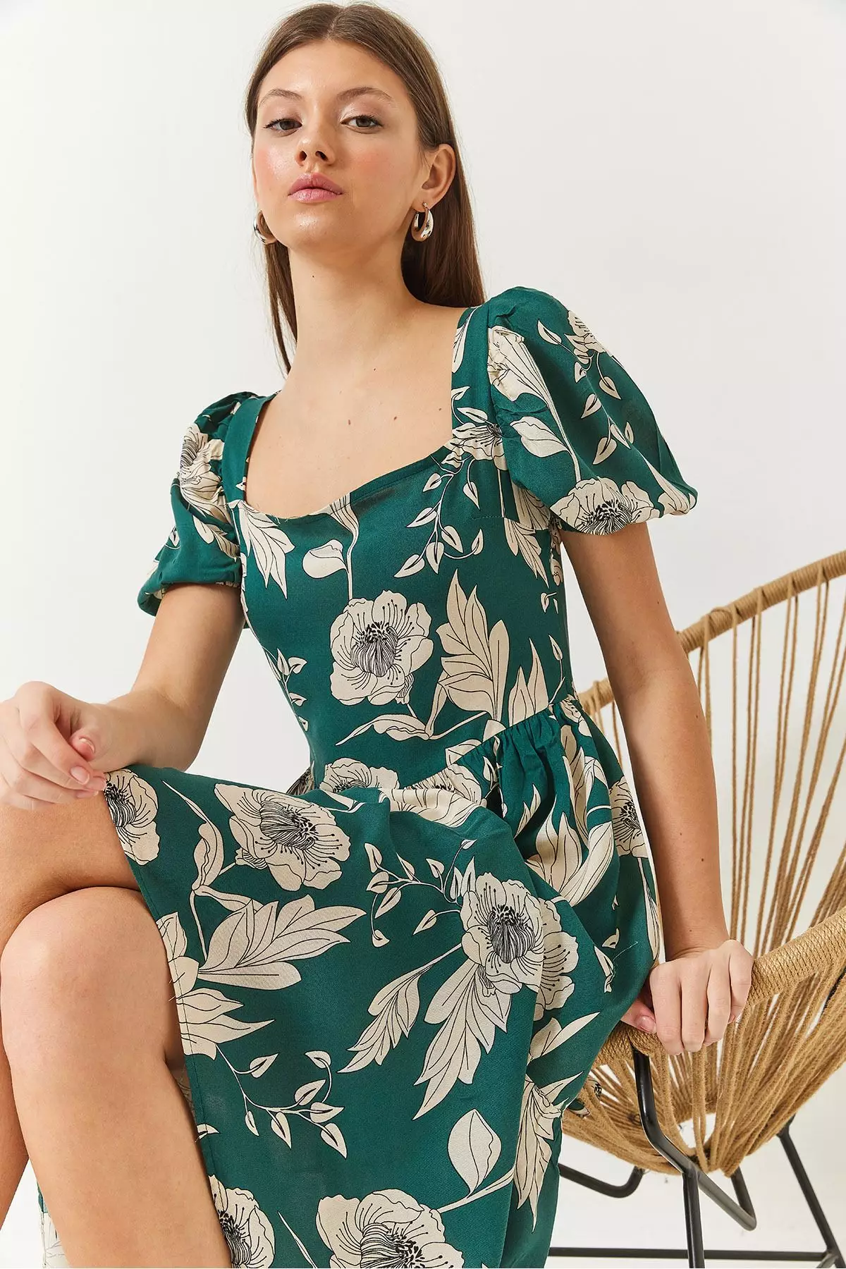 Women's Square Neck Watermelon Sleeve Floral Print Viscose Dress 60261441